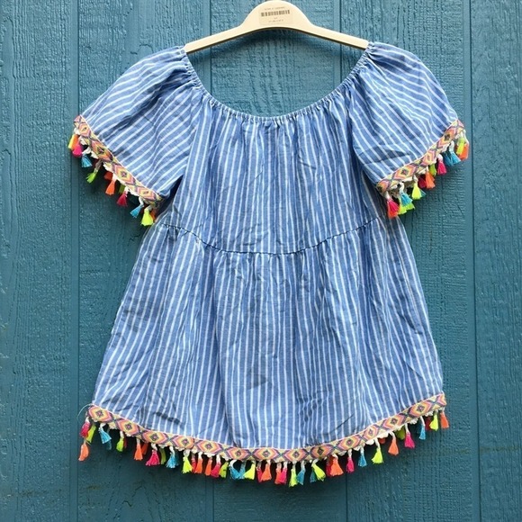 Entro Striped Off the Shoulder Tassel Blouse Top Shirt Boho - Picture 5 of 5